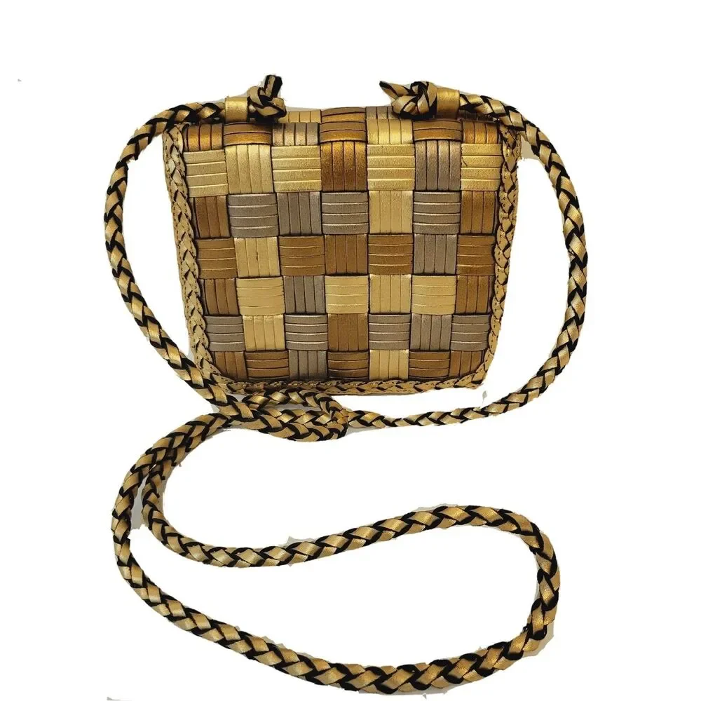 CEM Woven Leather Metallic Crossbody Bag Gold Bronze Small Braided Strap Vintage